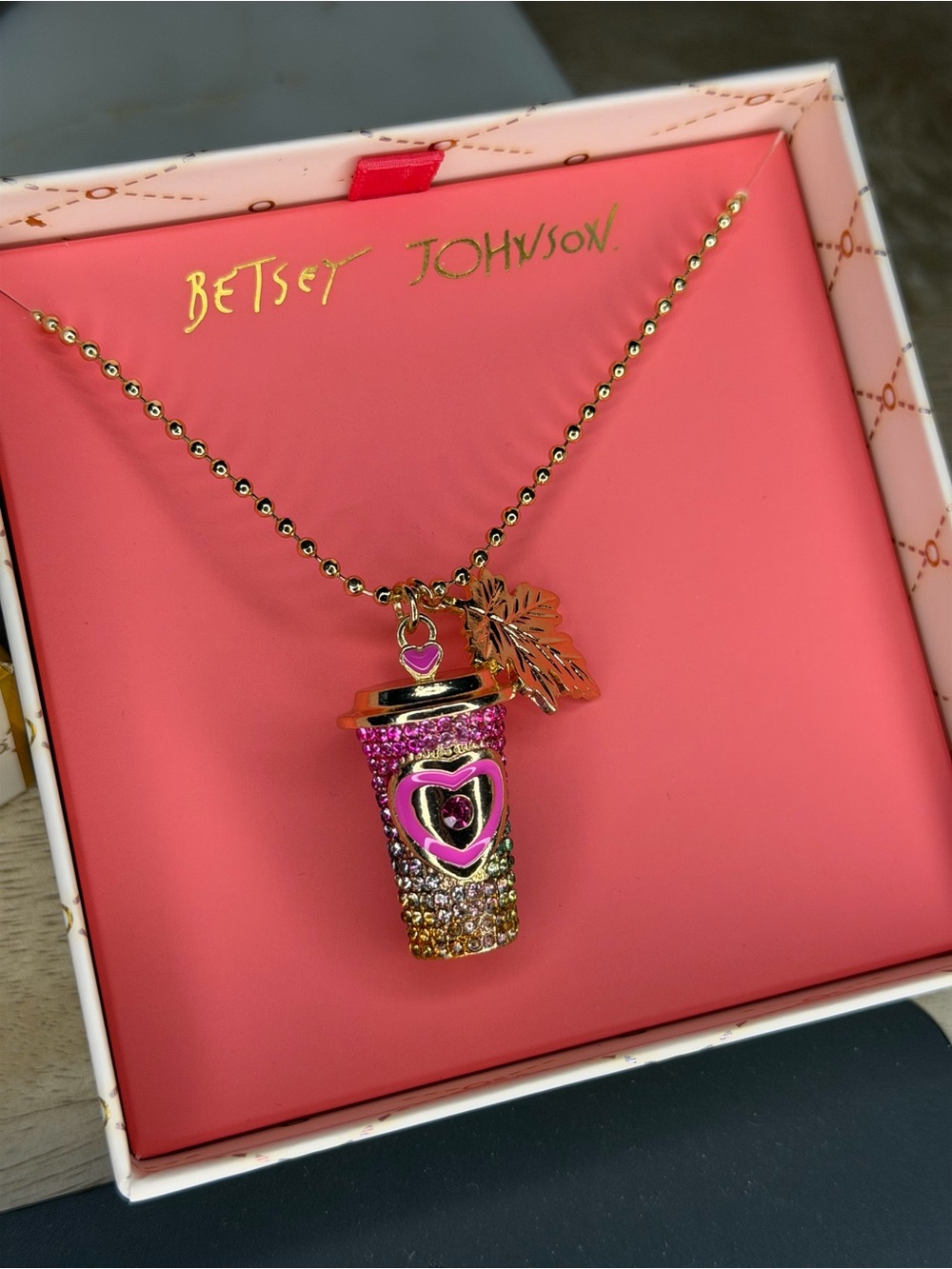 Betsey Johnson Pink Gold Jeweled Coffee Cup Charm Necklace